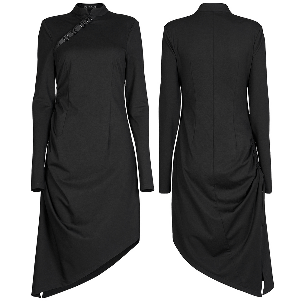 Modern Asymmetric Black Midi Dress with Buckles