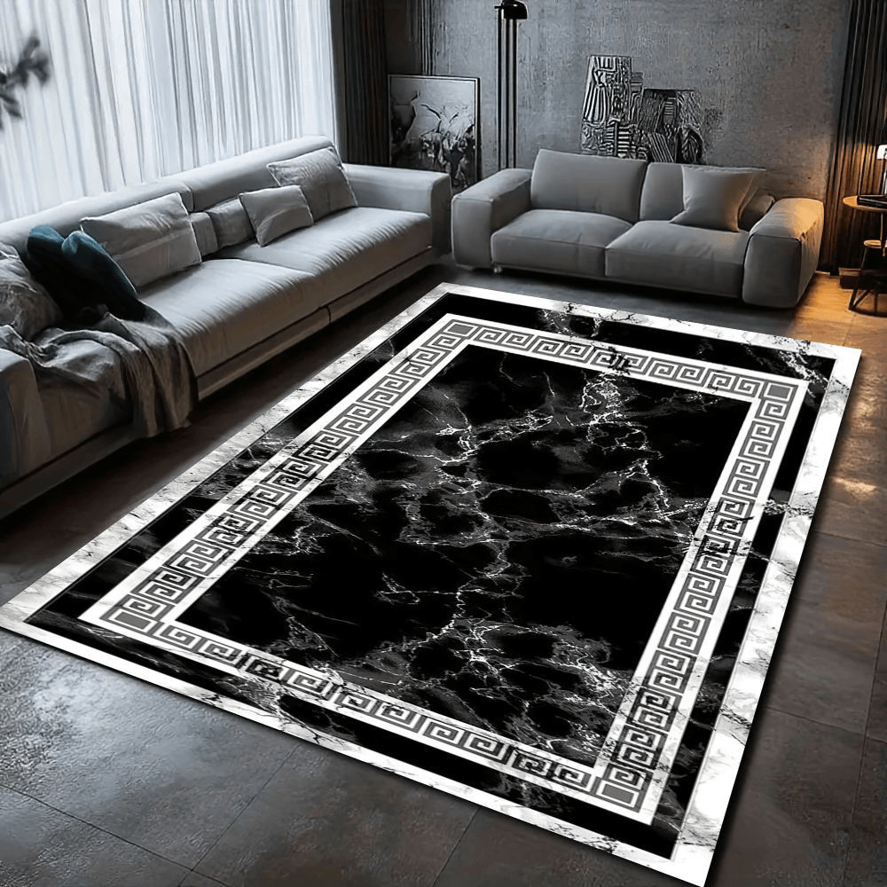Tapis moderne en marbre noir avec bordure grecque