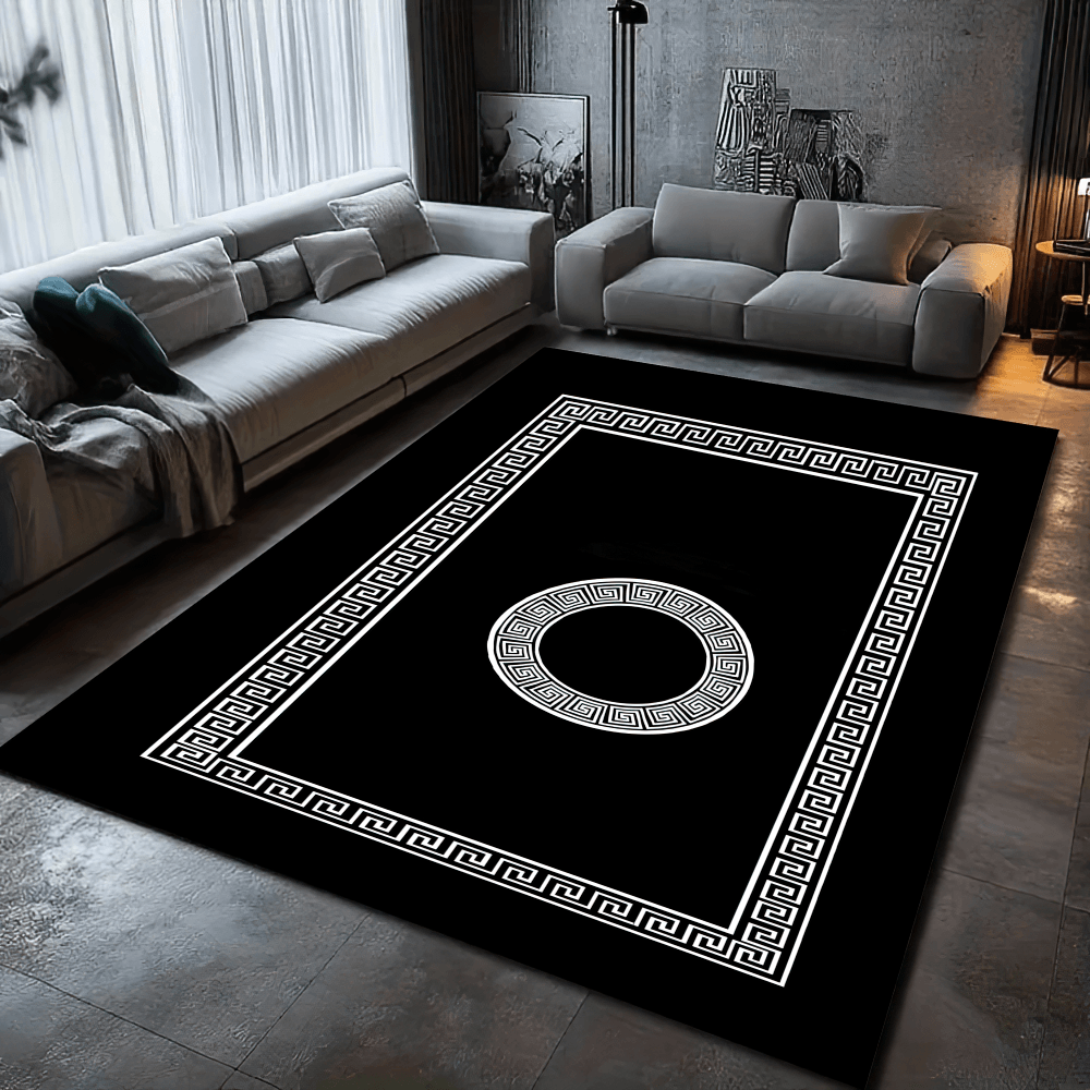 Tapis moderne en marbre noir avec bordure grecque