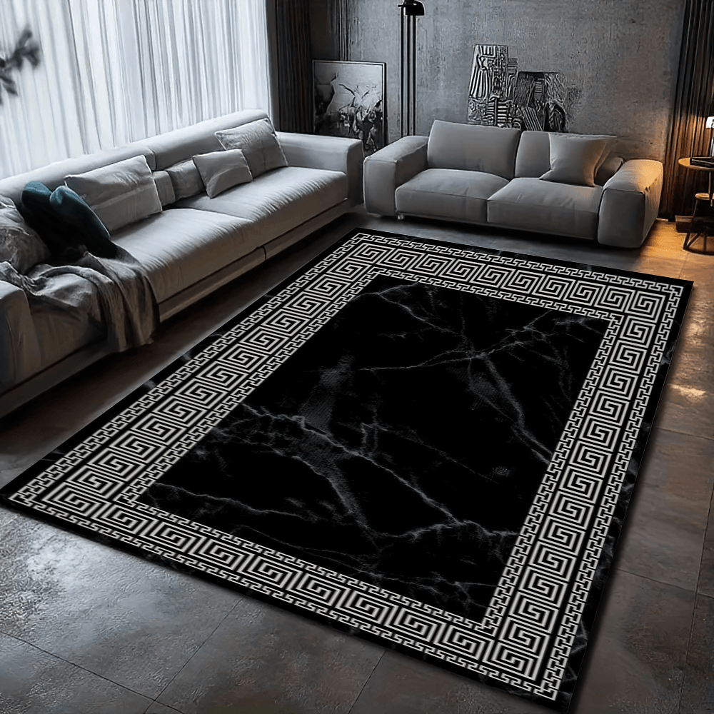 Tapis moderne en marbre noir avec bordure grecque