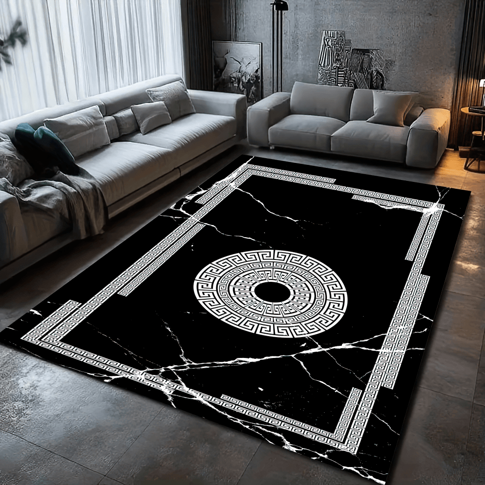 Tapis moderne en marbre noir avec bordure grecque