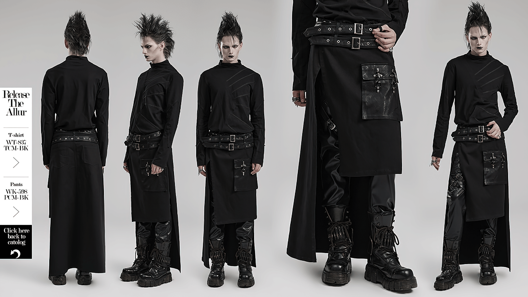 Fashion model showcasing a modern punk utility kilt with detachable loops and bold accessories.