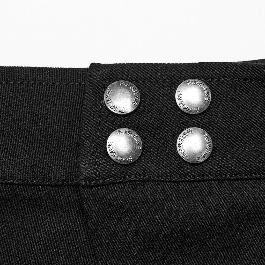 Close-up of stylish snap buttons on a modern punk utility kilt waistband, showcasing edgy fashion details.