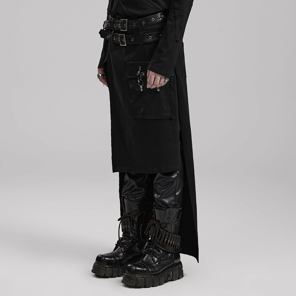 Modern punk utility kilt with detachable loops and pockets, styled with edgy combat boots.