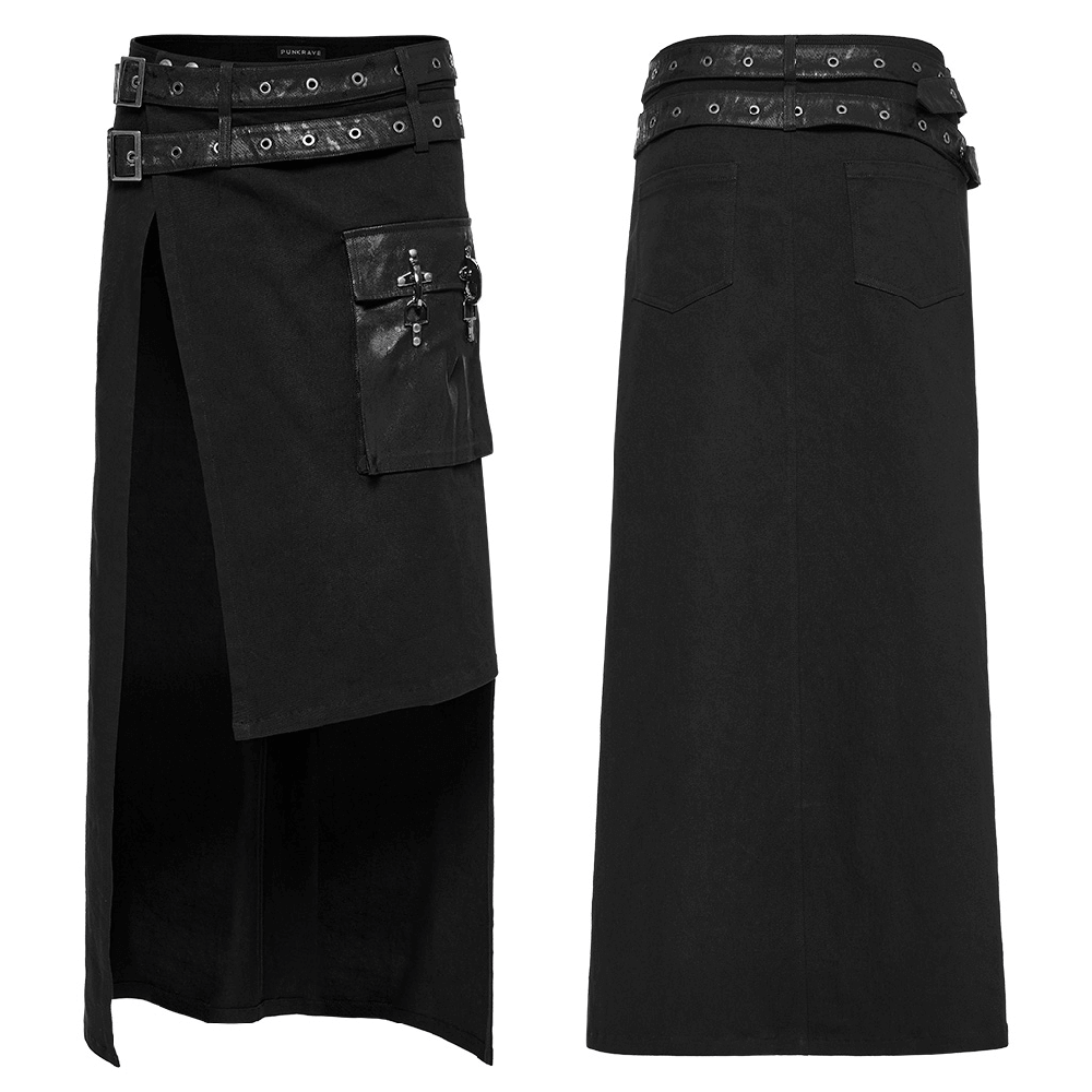 Modern punk utility kilt featuring detachable loops and pocket, stylish black fabric for edgy fashion.