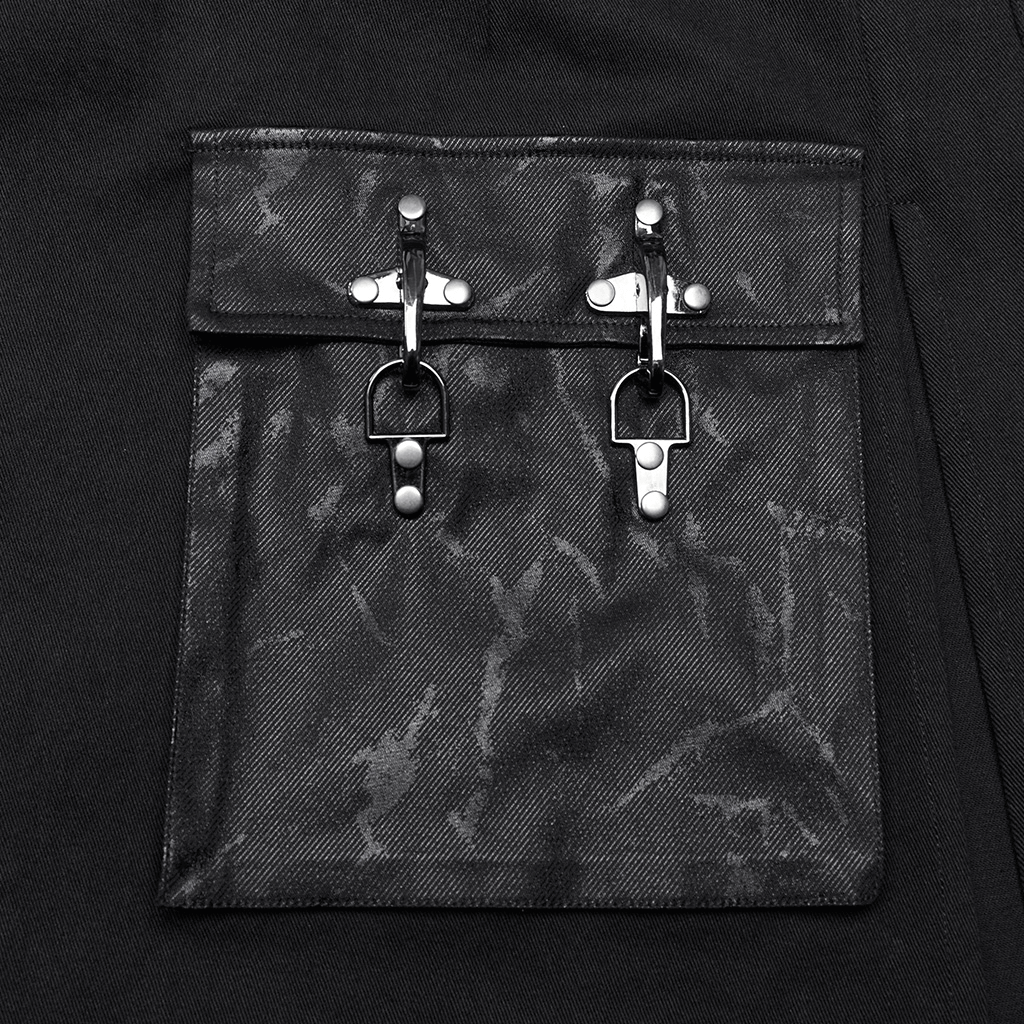 Close-up of a black utility pocket with detachable loops on a modern punk utility kilt.