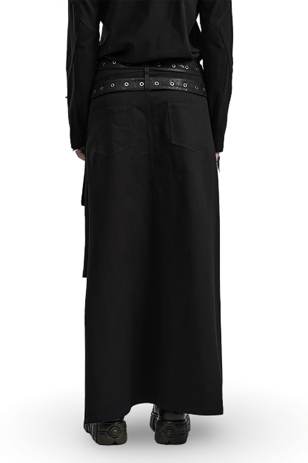 Back view of a Modern Punk Utility Kilt in black, featuring detachable loops and bold styling.