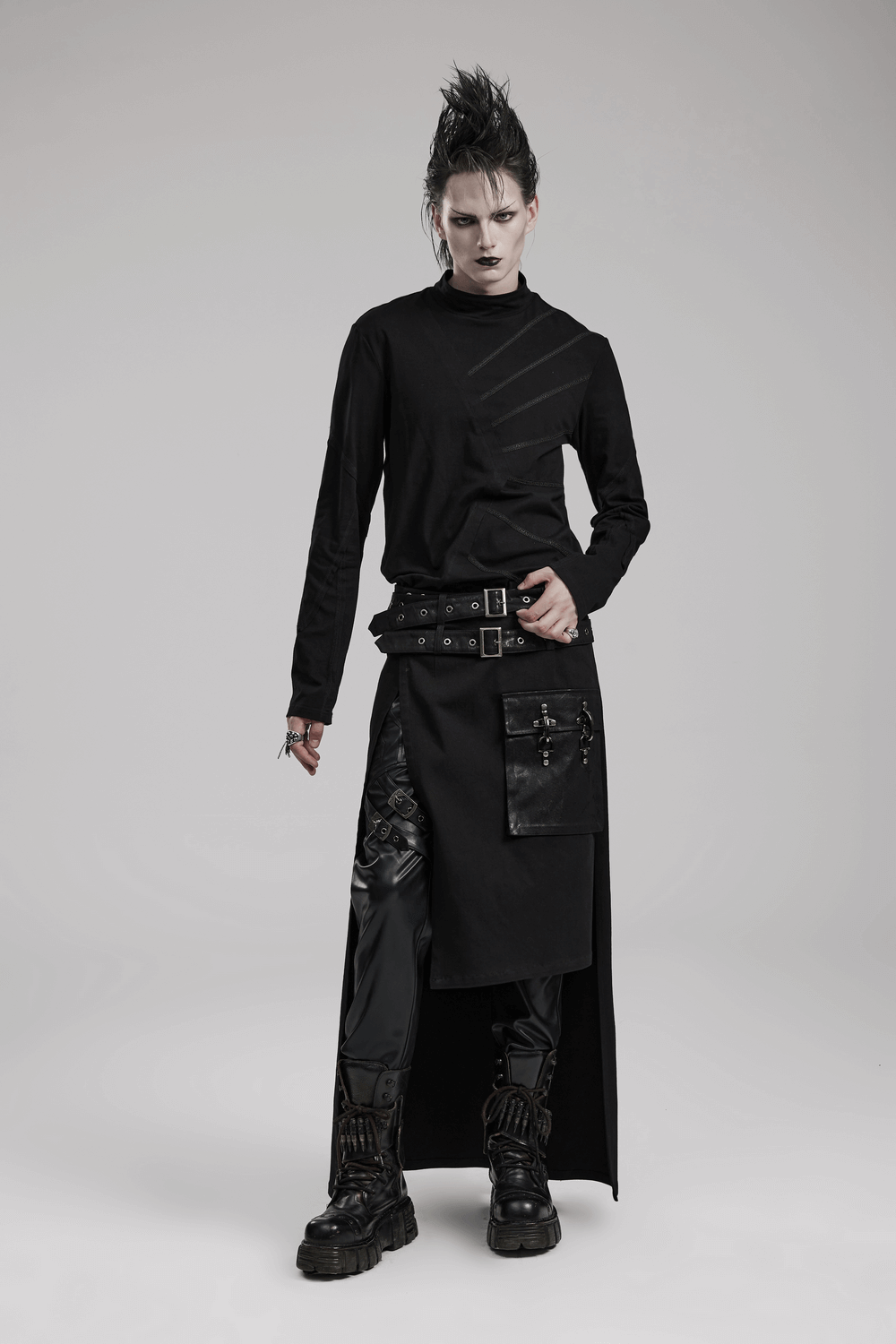 Model showcasing a Modern Punk Utility Kilt with pockets and a striking asymmetrical silhouette.