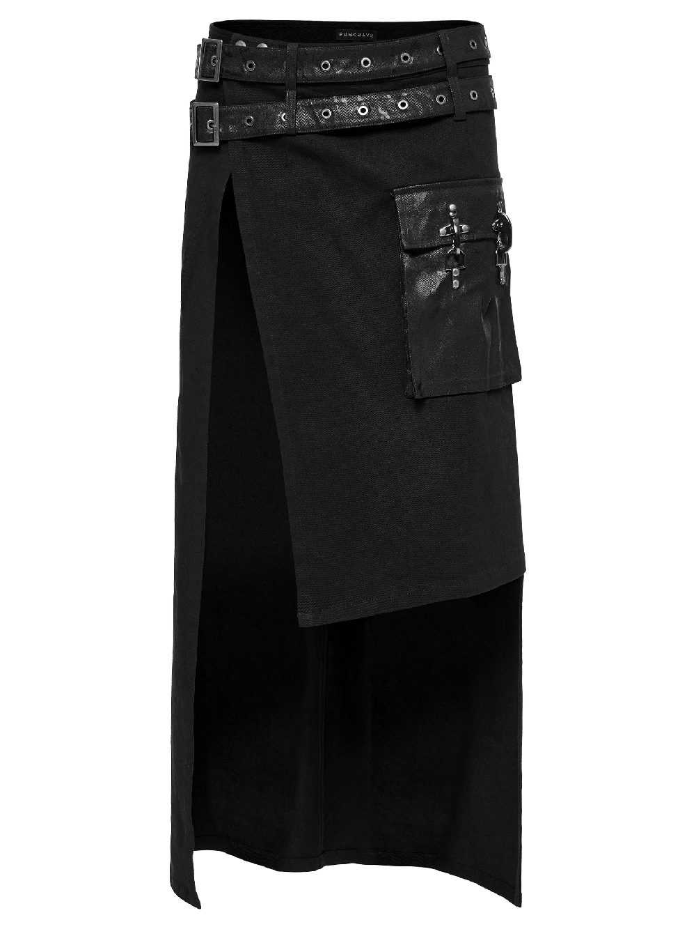Modern punk utility kilt featuring a bold asymmetrical design, detachable loops, and a stylish pocket.