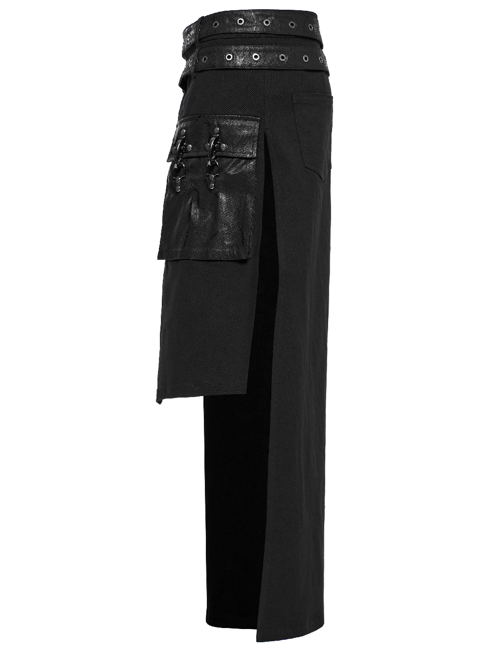 Side view of a modern punk utility kilt featuring a pocket and detachable loops for versatile fashion.