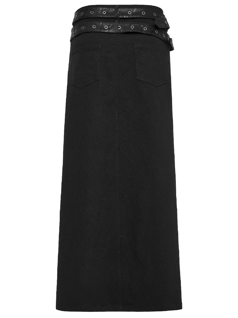 Back view of Modern Punk Utility Kilt showcasing detachable loops and sleek black design for edgy fashion.