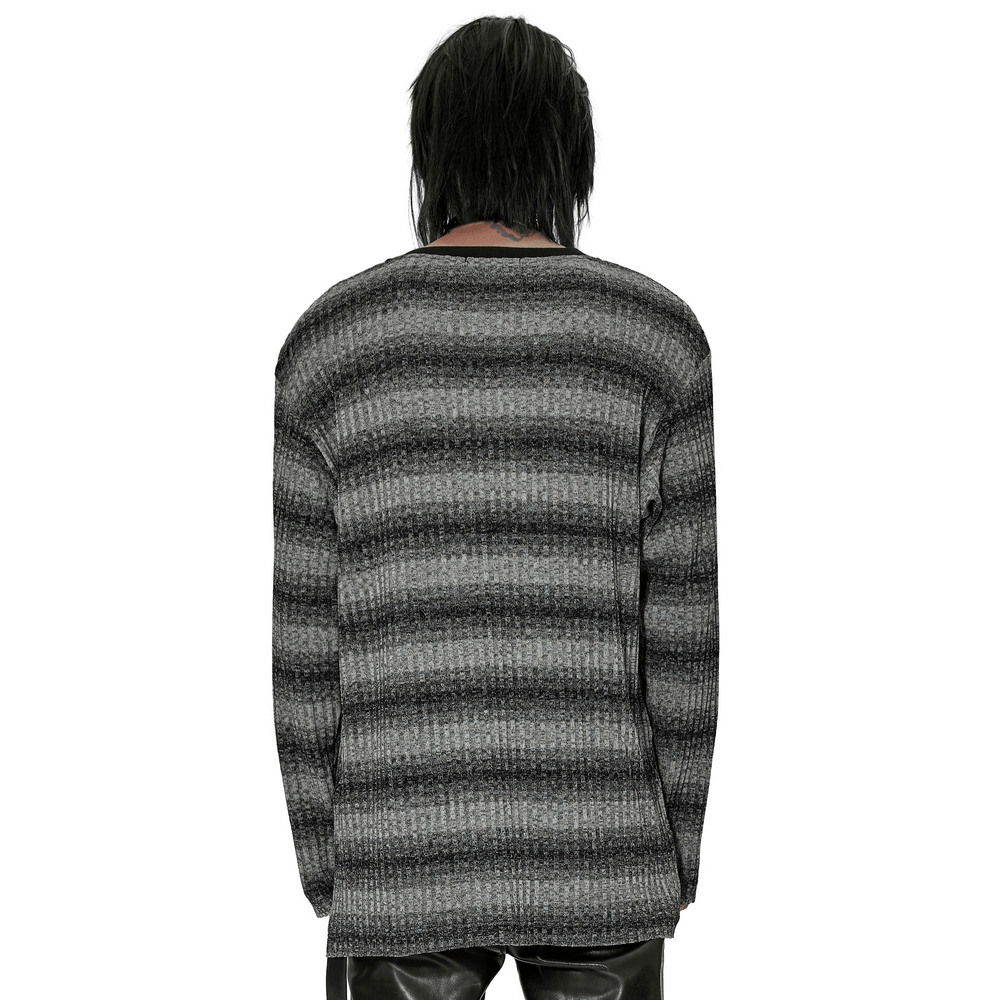 Back view of a cozy monochrome striped punk sweater with loose fit and metal buckle for stylish daily wear.