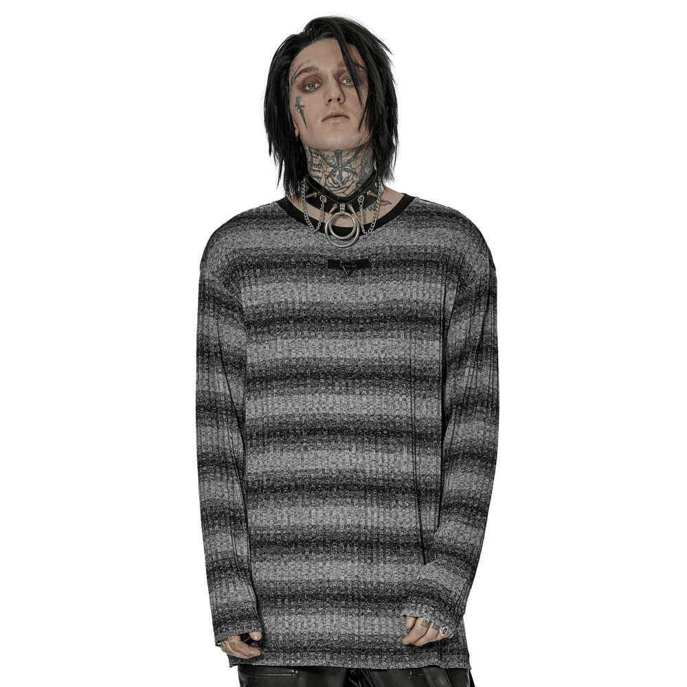 Monochrome Striped Punk Loose Sweater With Metal Buckle - HARD'N'HEAVY