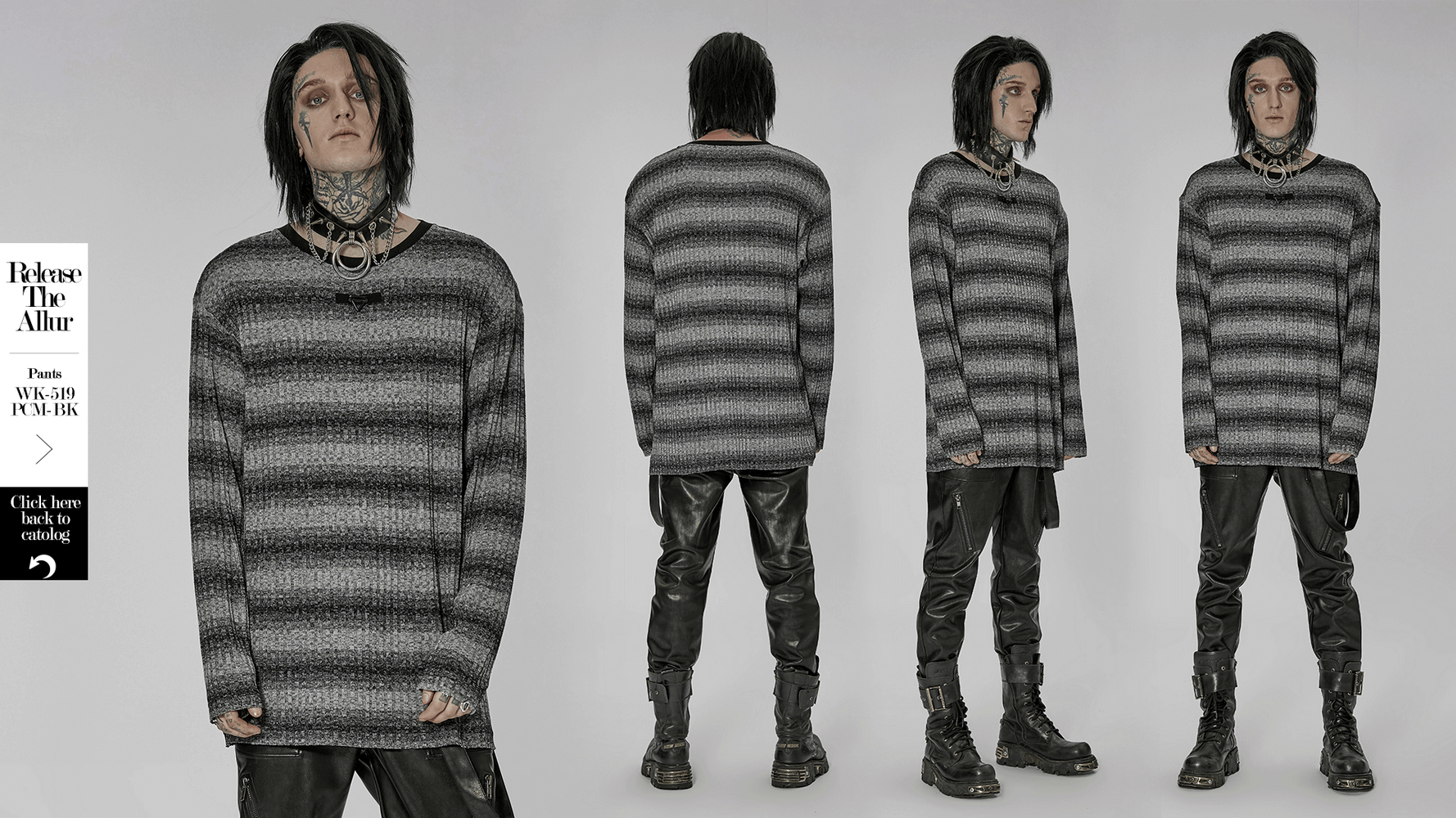 Monochrome striped punk sweater with metal buckle, featuring a loose fit and unique style for casual daily wear.