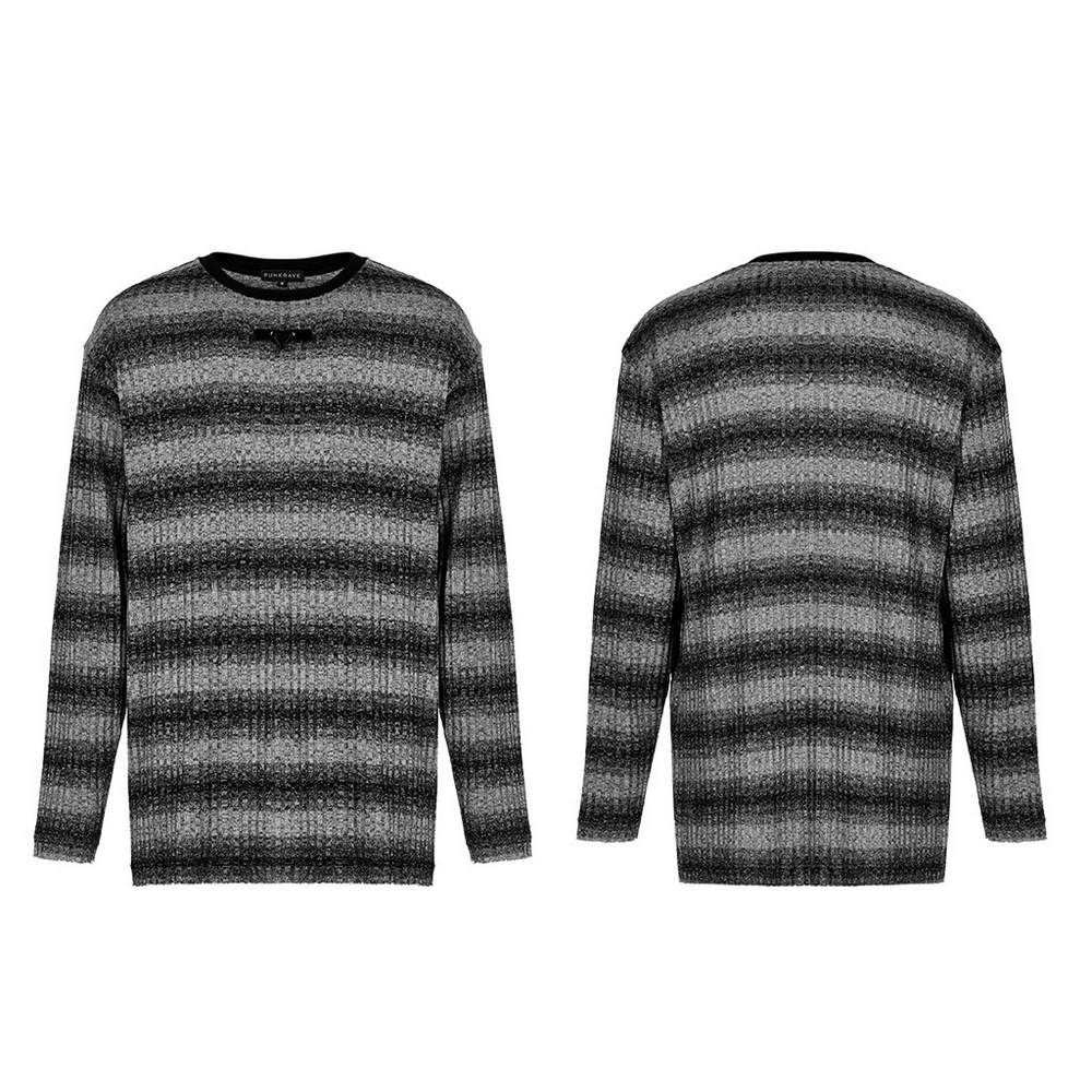 Monochrome striped punk sweater with metal buckle, featuring loose fit and cozy knitted fabric, perfect for casual wear.