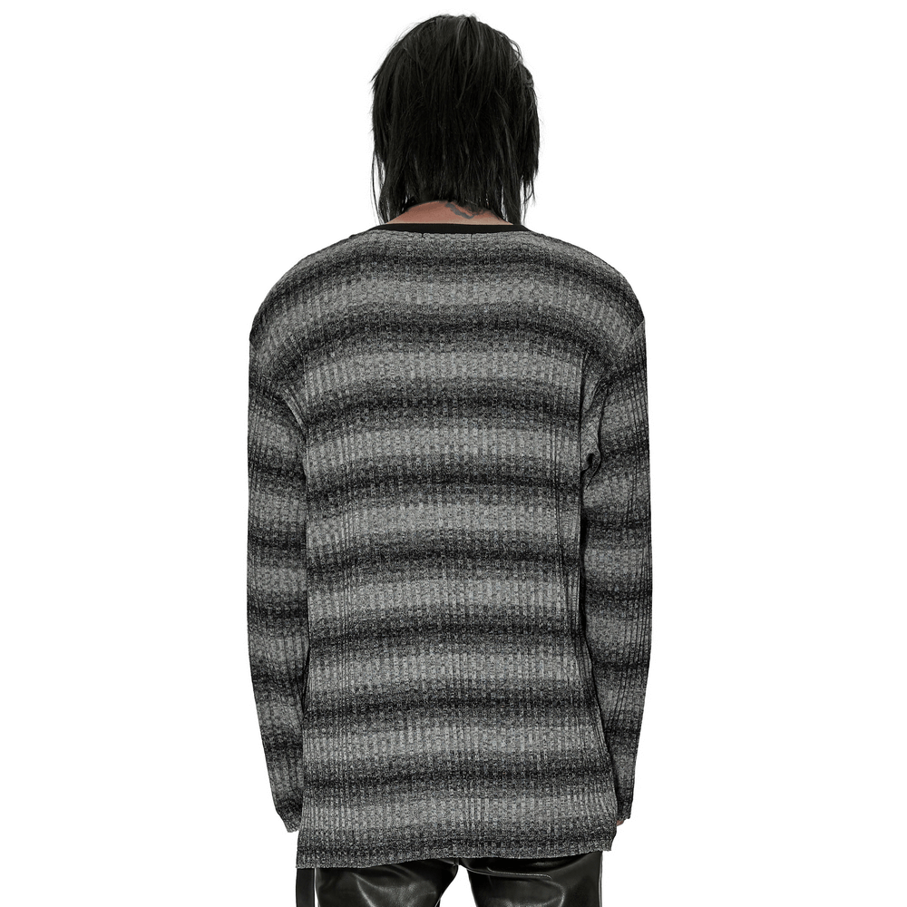 Monochrome Striped Punk Loose Sweater With Metal Buckle - HARD'N'HEAVY