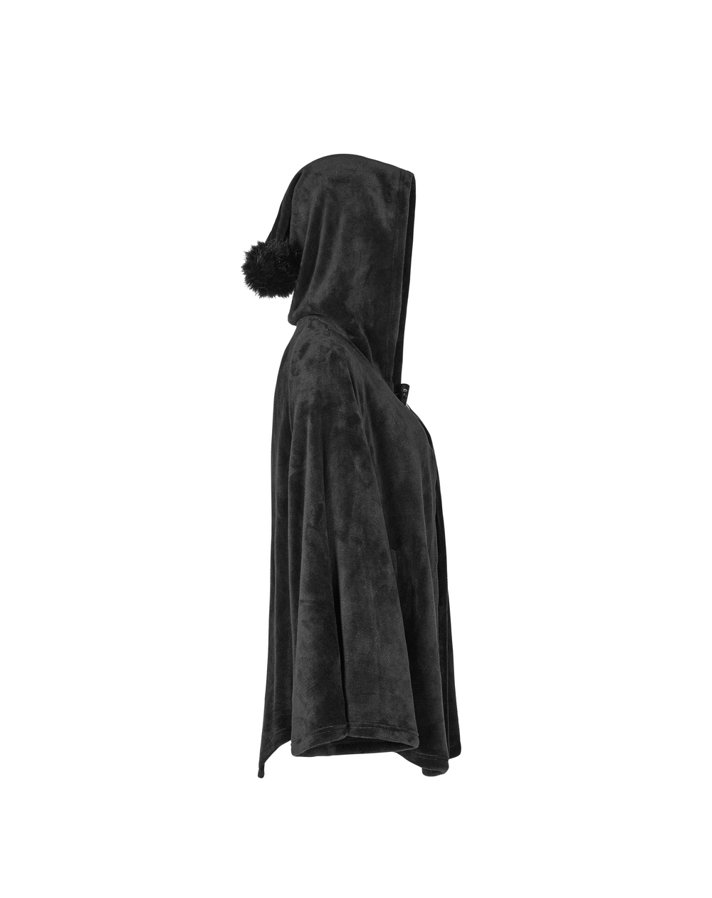 Side view of a Moon Embroidered Dark Velvet Hooded Cloak Jacket with a soft plush fabric and cozy hood.