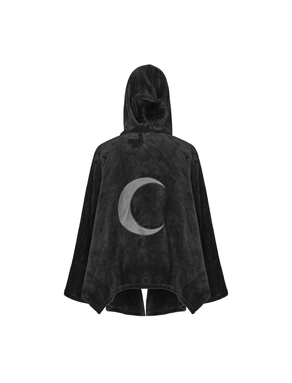 Back view of a dark velvet hooded cloak with moon embroidery, perfect for a gothic-inspired look.