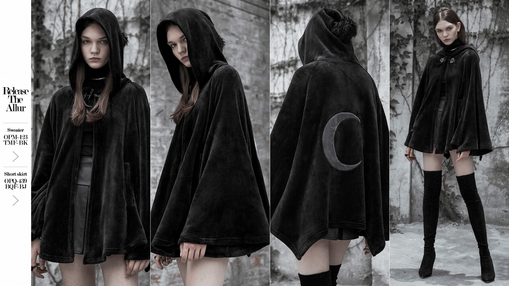 Model in a Moon Embroidered Dark Velvet Hooded Cloak Jacket, showcasing gothic style and elegance.