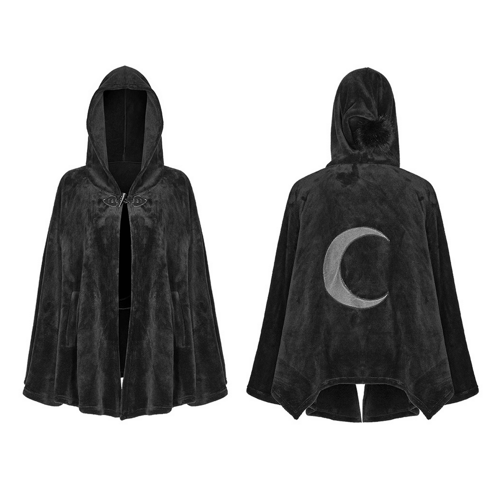 Moon embroidered dark velvet hooded cloak jacket, featuring a stylish and cozy design for gothic charm.