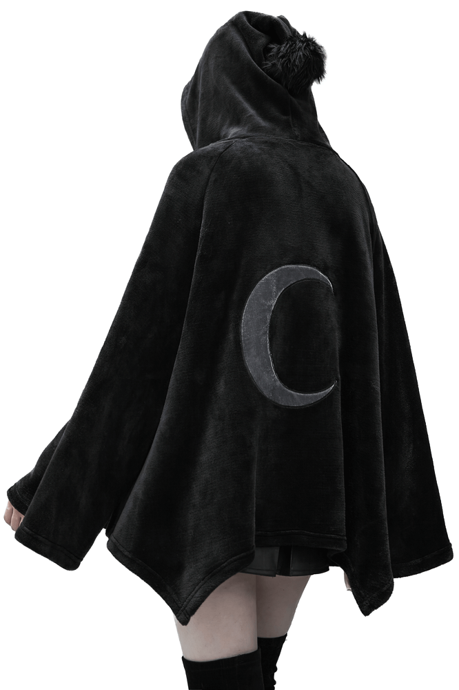 Moon embroidered dark velvet hooded cloak jacket showcasing a cozy, loose fit ideal for chilly evenings.