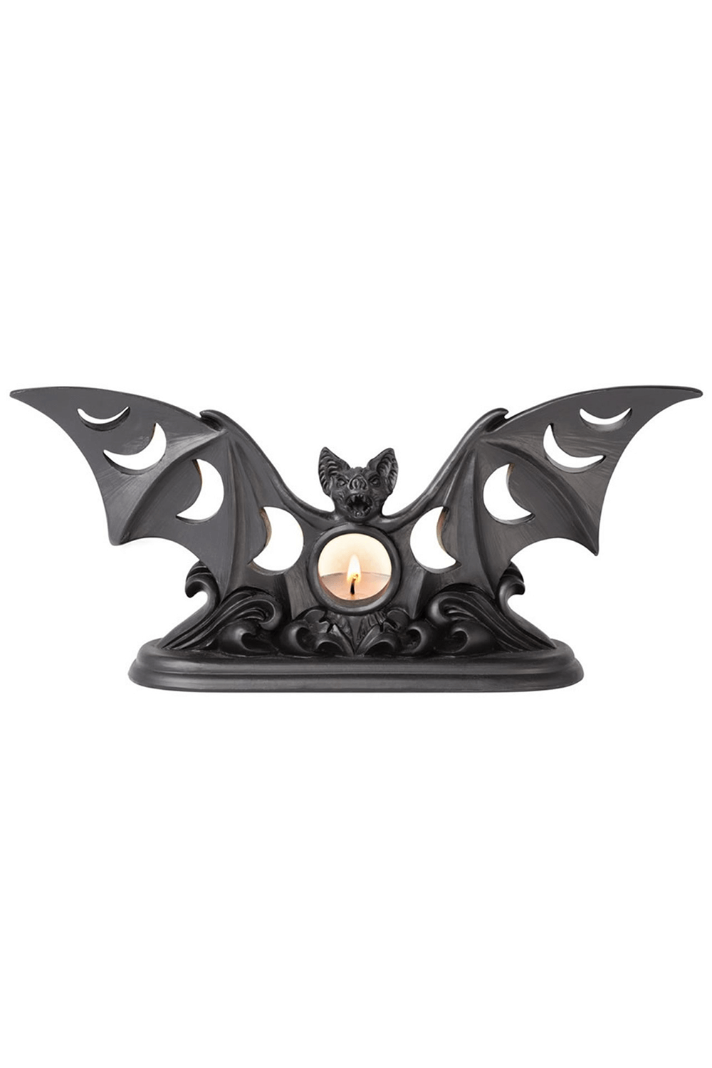 Gothic bat tea light candle holder with moon phases cutouts, casting eerie shadows for dark home decor.