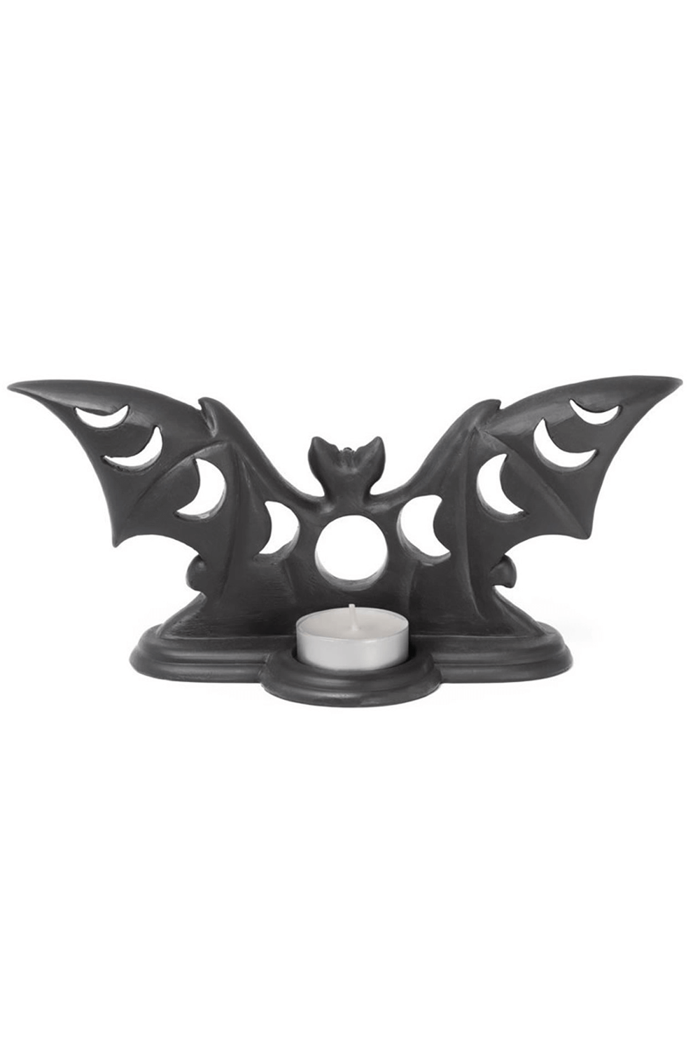 Gothic bat-shaped tea light candle holder with moon phases cutouts, perfect for eerie home decor.