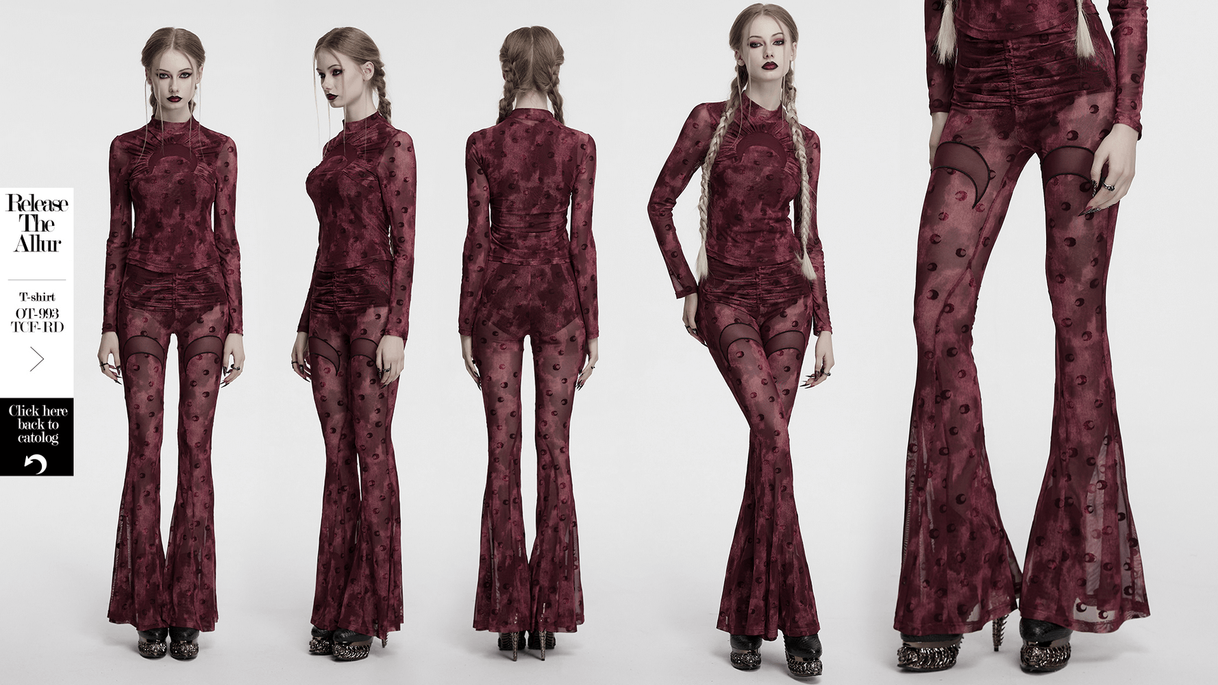 Moon printed mesh flare pants with crescent embroidery, showcasing a stylish design in rich red.