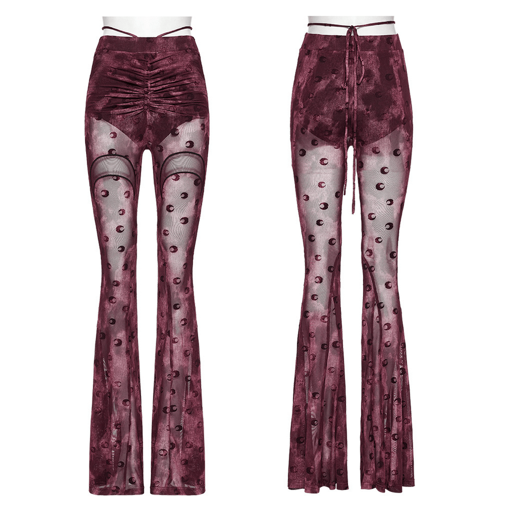 Moon printed mesh flare pants with crescent embroidery, featuring a stylish burgundy color and trendy design.