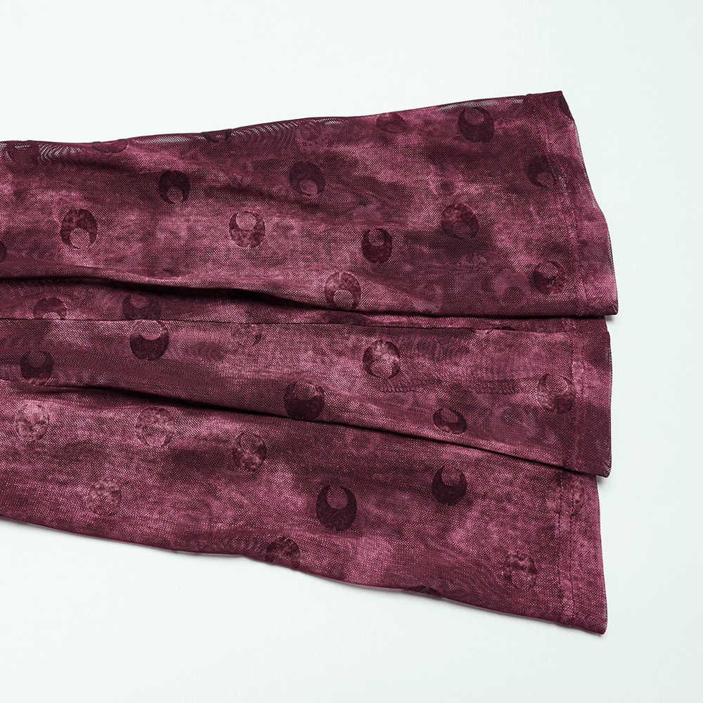 Moon printed mesh flare pants with crescent embroidery in rich burgundy color.