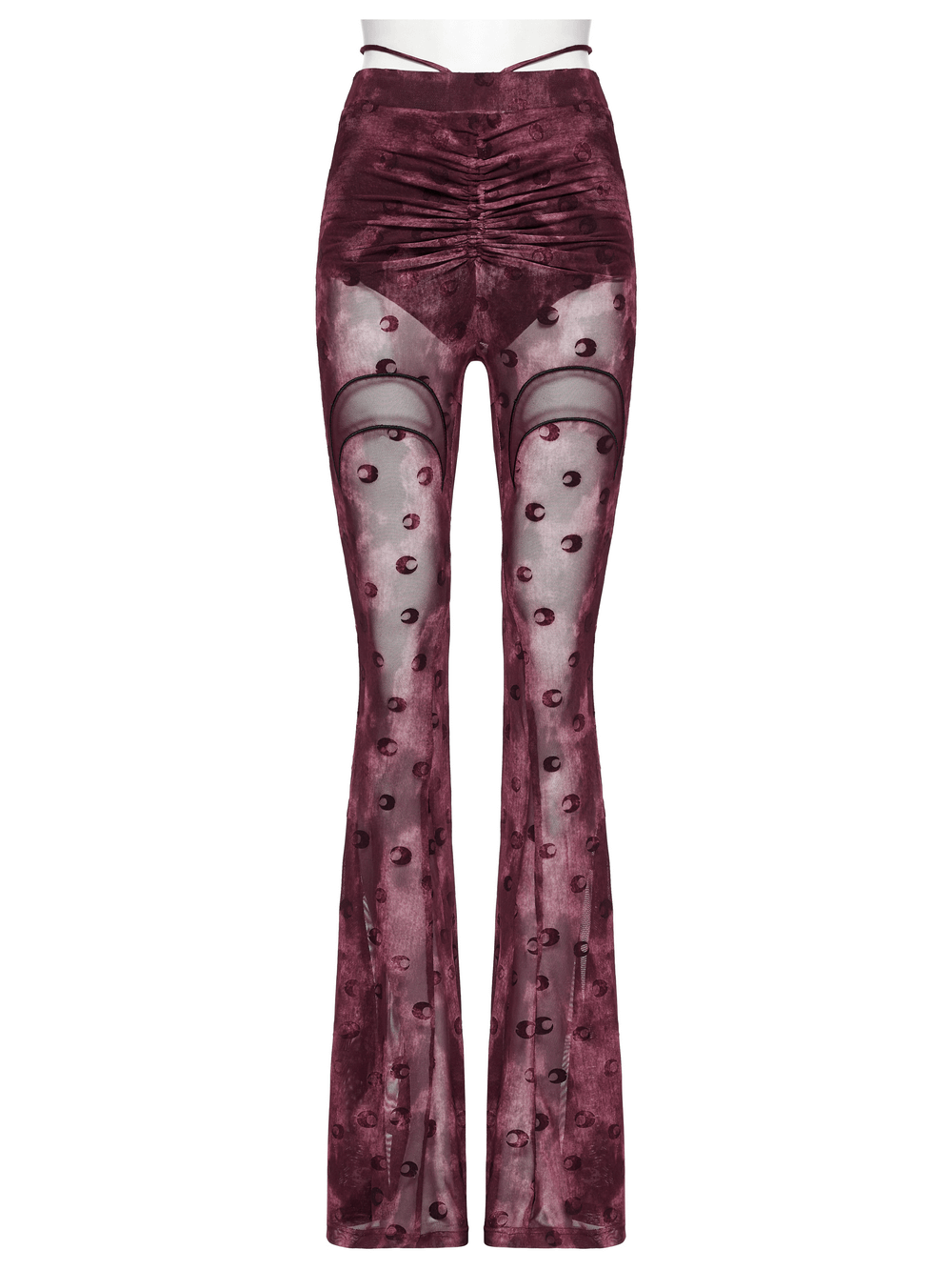 Moon printed mesh flare pants with crescent embroidery, showcasing a stylish translucent design.