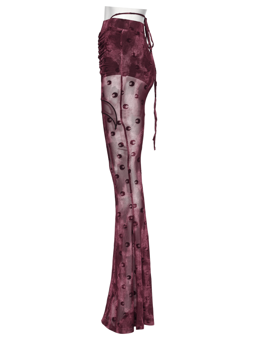 Moon printed mesh flare pants in burgundy with crescent embroidery, perfect for a stylish look.