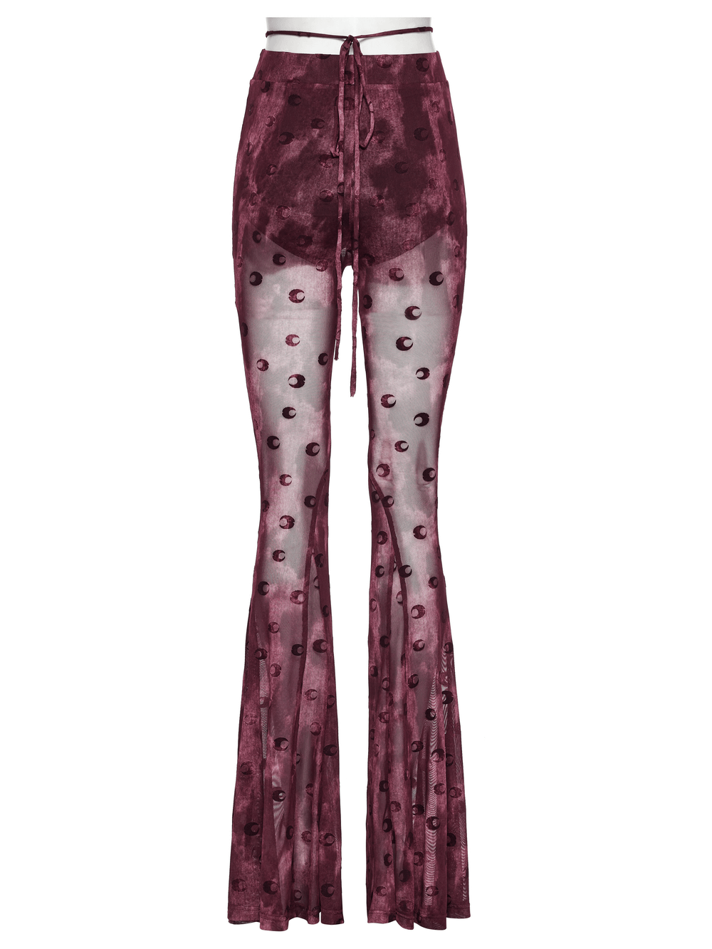 Moon printed mesh flare pants with crescent embroidery in deep burgundy, perfect for a stylish night out.