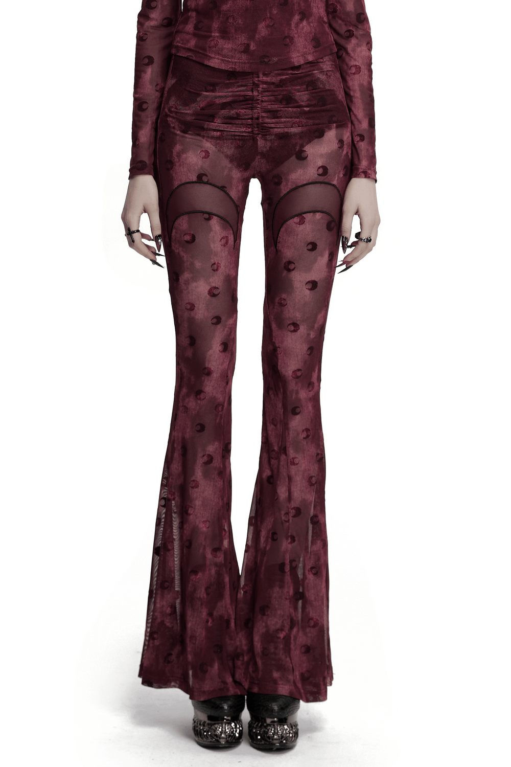 Moon printed mesh flare pants featuring crescent embroidery, perfect for a unique, stylish look.