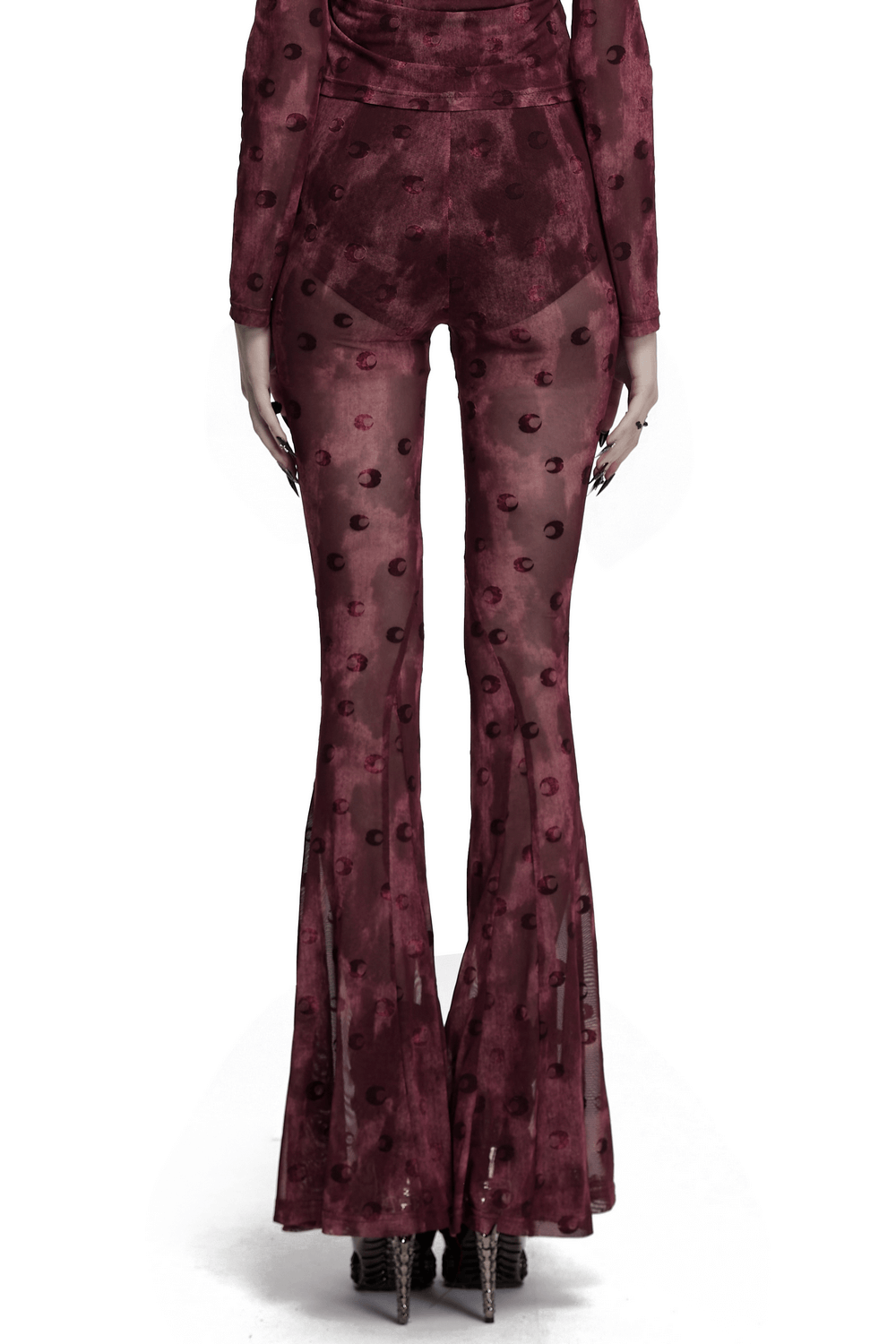 Moon printed mesh flare pants with crescent embroidery, showcasing a stylish sheer design and flared silhouette.