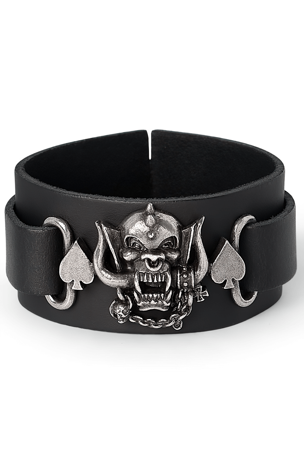 Motörhead Warpig leather bracelet with spade accents and shiny Snaggletooth emblem for rock fans.