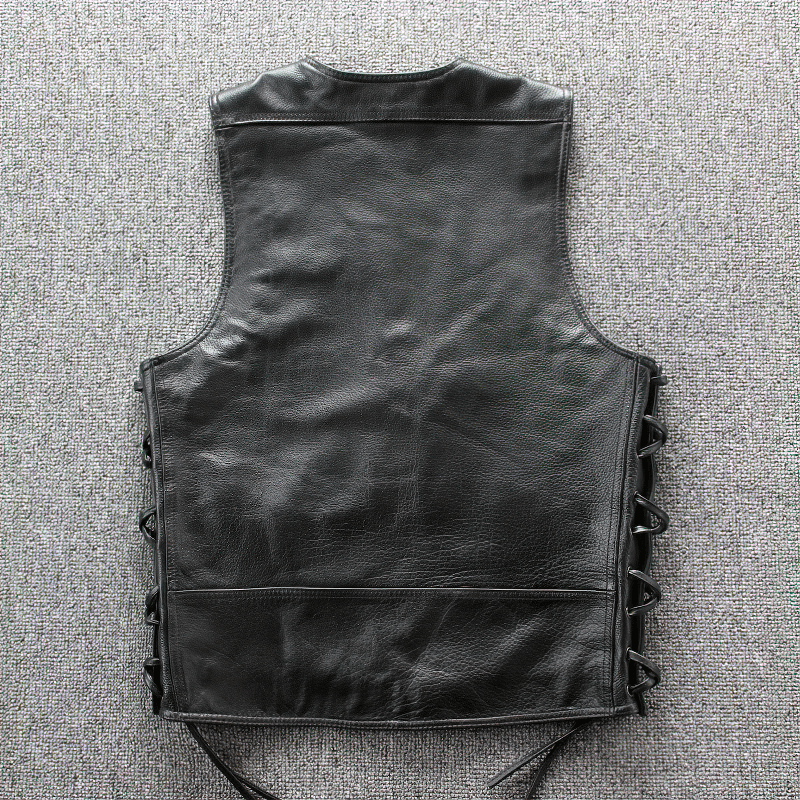 Back view of solid black Moto Biker leather men's vest with stylish lacing details.