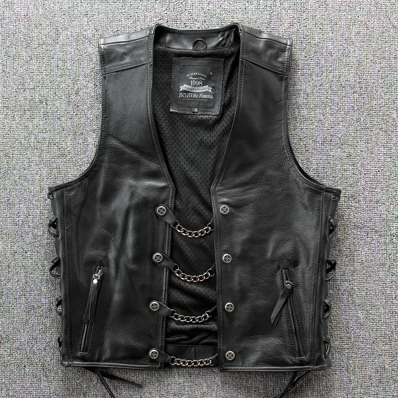 Solid black leather men's vest featuring stylish chain details and pockets, perfect for bikers.