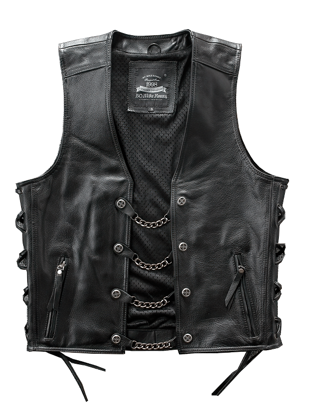 Solid black Moto biker leather vest for men with chains, buttons, and pockets, perfect for riding in style.