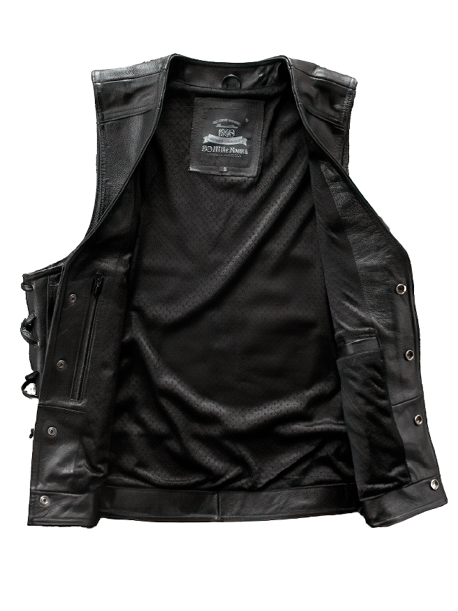 Biker leather men's vest, solid black sleeveless coat with stylish details and internal pockets.
