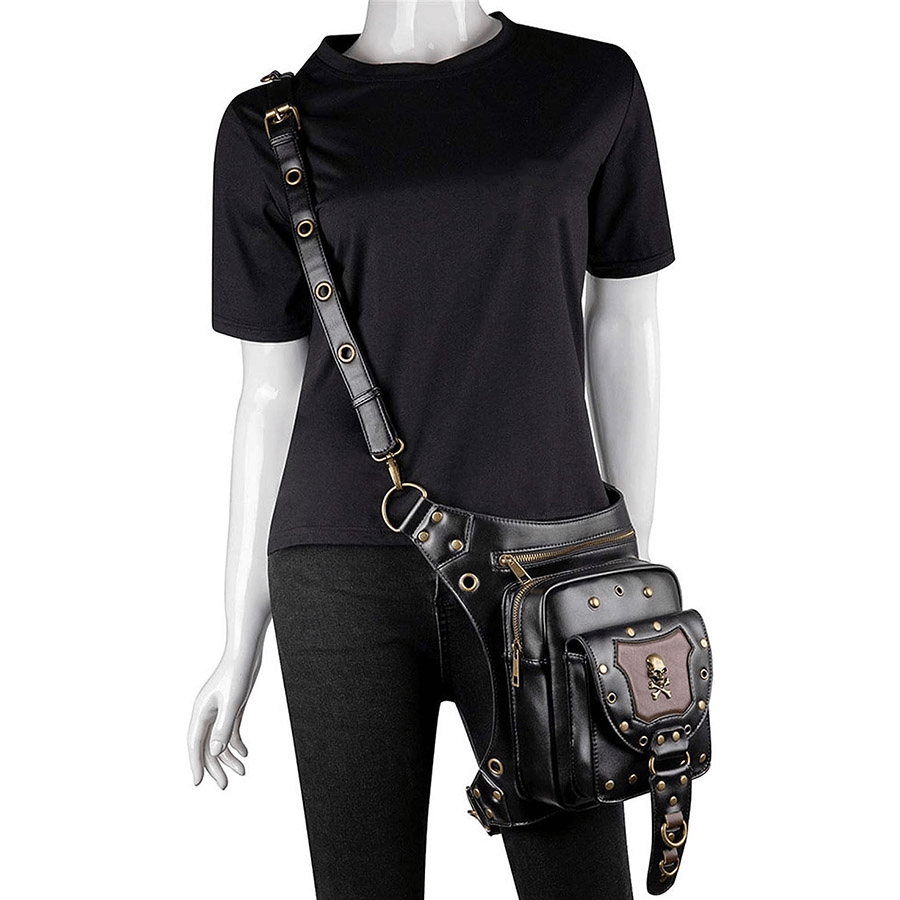 Motorcycle Belt Bag / Steampunk Shoulder Messenger Bag with Skull - HARD'N'HEAVY