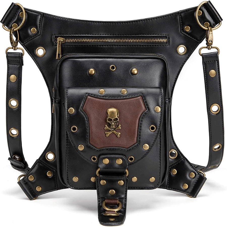 Motorcycle Belt Bag / Steampunk Shoulder Messenger Bag with Skull - HARD'N'HEAVY