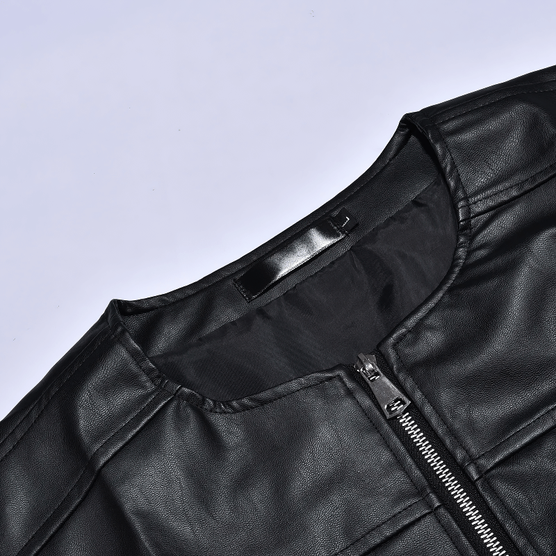 Close-up of men's real leather motorcycle vest featuring sleek zipper closure and punk style design.