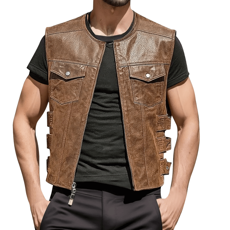 Men's punk motorcycle leather vest with zipper, showcasing edgy style and rugged appeal.