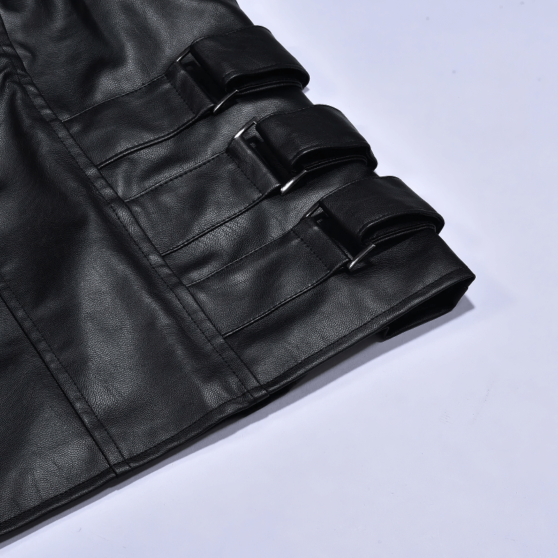 Close-up of a black leather vest showcasing sleek zipper and buckle details for punk motorcycle style.