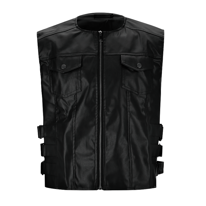 Men's black leather motorcycle vest with zipper, featuring multiple pockets and rugged style for punk fashion enthusiasts.