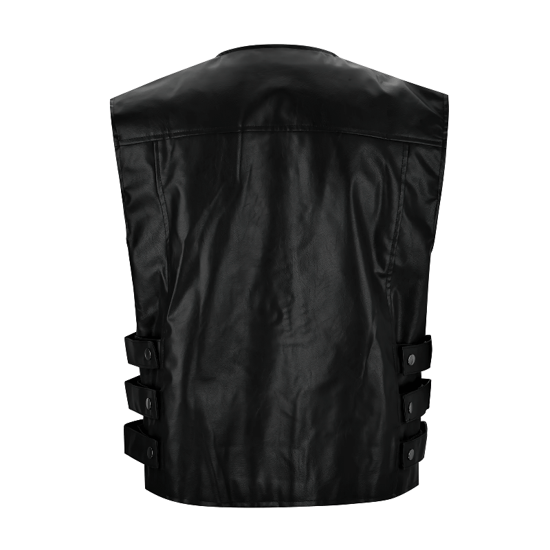 Men's black leather motorcycle vest with sleek zipper and edgy strap details, perfect for punk fashion enthusiasts.