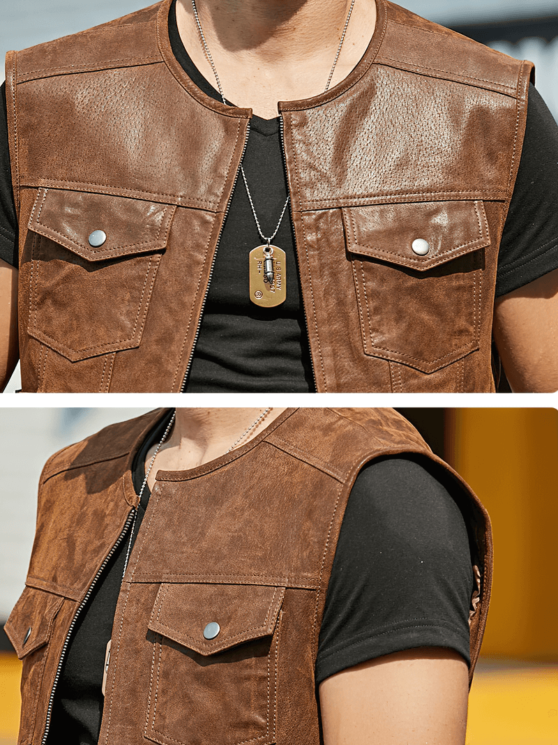 Men's punk motorcycle leather vest in brown with zipper, showcasing a rugged and stylish look.
