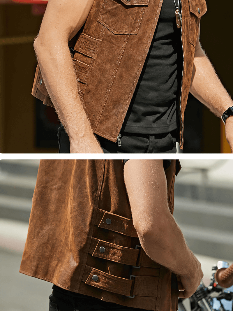 Brown leather motorcycle vest for men with zipper and side straps, showcasing punk style and rugged charm.