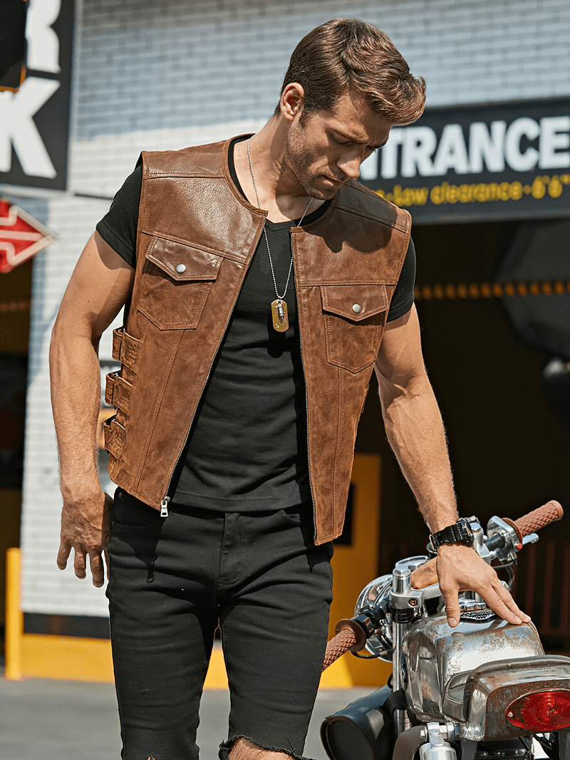 Men's real leather motorcycle vest with zipper worn by a man, showcasing edgy punk style, perfect for riders.